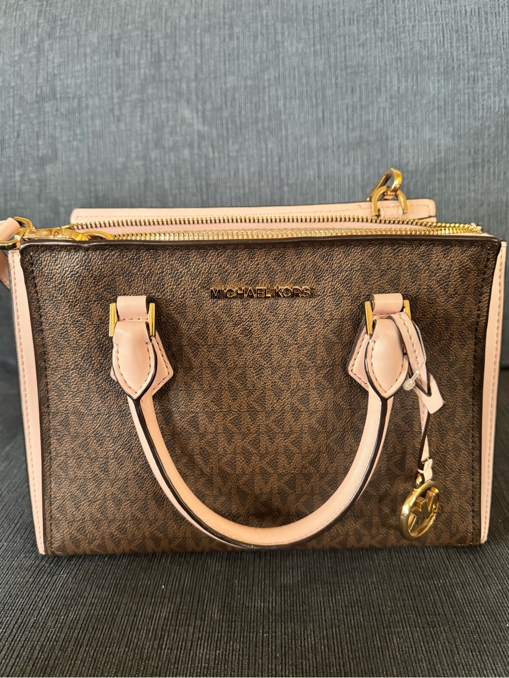 Michael Kors Brown with Pale Pink Trim Signature Satchel